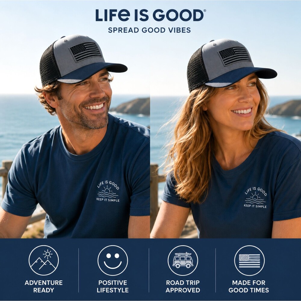 Life is Good American Flag Trucker Hat Gray Mesh Snapback Patriotic Outdoor NWT